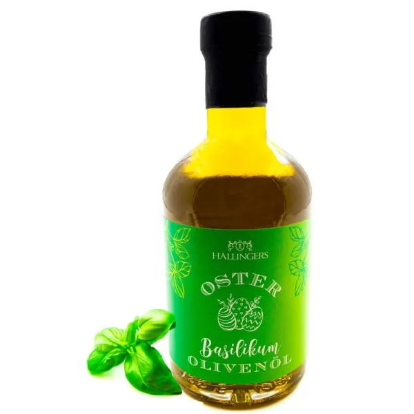 Natives Oster Basilikum-Olivenöl (Exklusivflasche) - Ostergeschenke für Osterkörbchen zu Ostern, Premium Oster Speise-Öl mit Basilikum (350ml)
