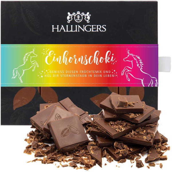 Weiße Schokolade mit Cassis hand-geschöpft (90g) - Einhorn-Schoki (Tafel-Karton)