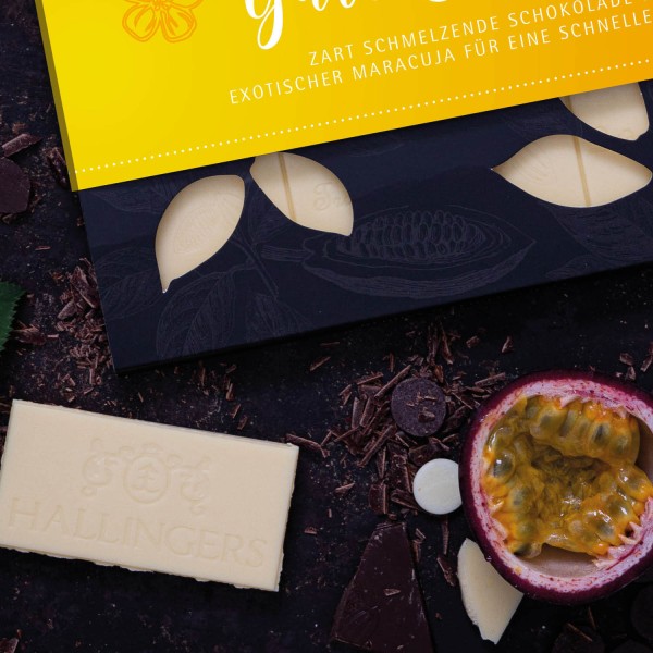 Weiße Schokolade mit Maracuja hand-geschöpft (90g) - Gute Besserung (Tafel-Karton)