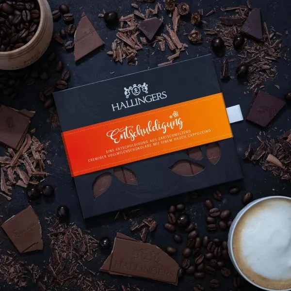 Entschuldigung (Tafel-Karton) - Vollmilch Edel-Schokolade mit Cappuccino, handmade (90g)