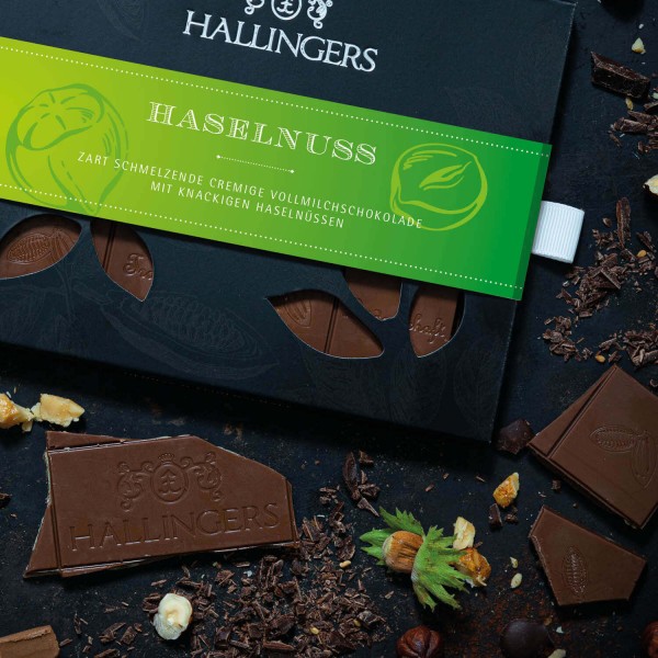 Vollmilch-Schokolade mit Haselnuss-Nougat hand-geschöpft (90g) - Haselnuss (Tafel-Karton)
