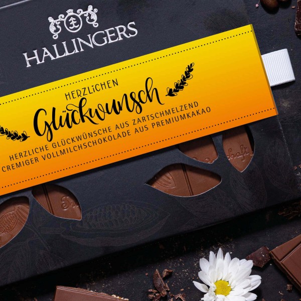 Vollmilch-Schokolade, zart schmelzend hand-geschöpft (90g) - Herzlichen Glückwunsch (Tafel-Karton)
