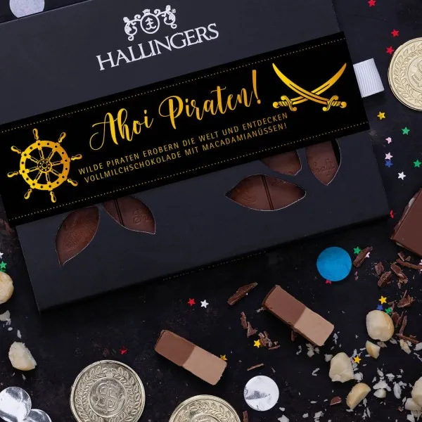 Ahoi Piraten (Tafel-Karton) - Vollmilch Edel-Schokolade mit Macadamia-Nougat, handmade (90g)