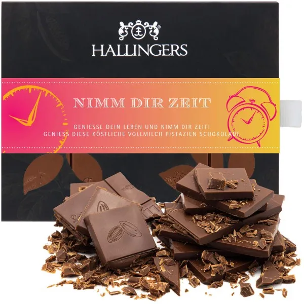 Nimm Dir Zeit (Tafel-Karton) - Vollmilch Edel-Schokolade mit Pistazie & Amaretto, handmade (90g)
