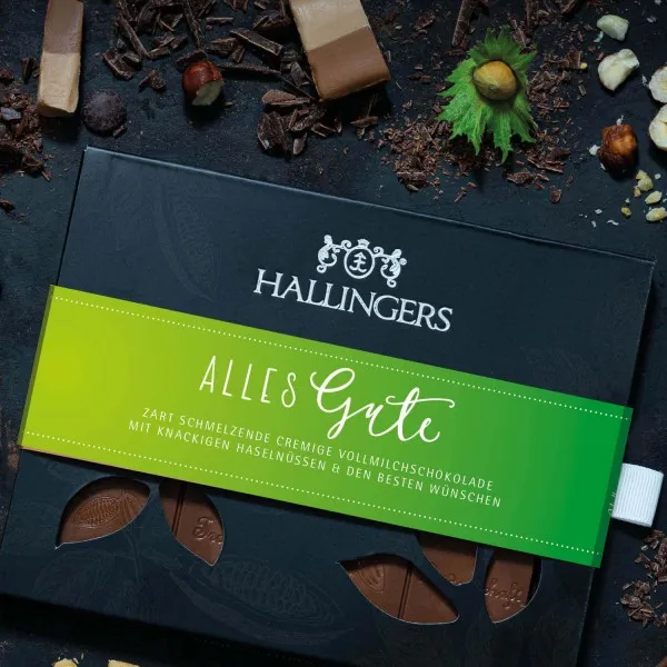 Alles Gute (Tafel-Karton) - Vollmilch Edel-Schokolade mit Haselnuss-Nougat, handmade (90g)