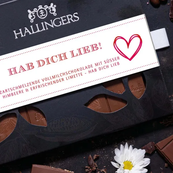 Hab Dich lieb (Tafel-Karton) - Vollmilch Edel-Schokolade mit Himbeere & Limette, handmade (90g)