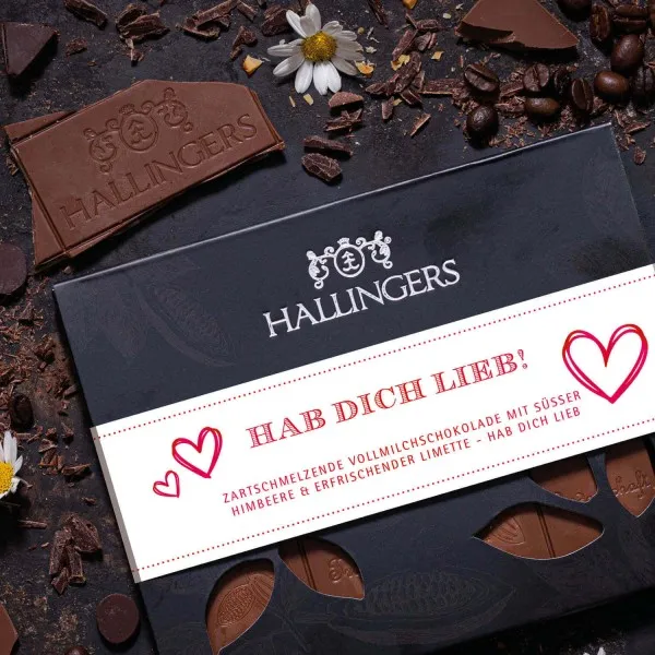 Hab Dich lieb (Tafel-Karton) - Vollmilch Edel-Schokolade mit Himbeere & Limette, handmade (90g)
