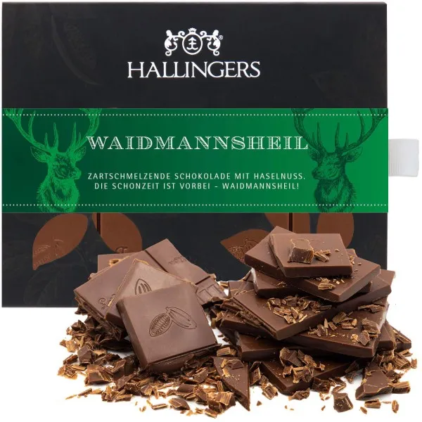 Waidmannsheil (Tafel-Karton) - Vollmilch Edel-Schokolade mit Haselnuss-Nougat, handmade (90g)