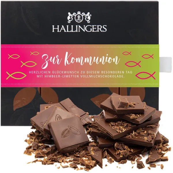 Zur Kommunion (Tafel-Karton) - Vollmilch Edel-Schokolade mit Himbeere & Limette, handmade (90g)