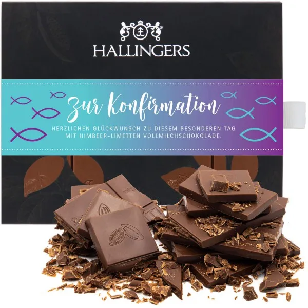 Zur Konfirmation (Tafel-Karton) - Vollmilch Edel-Schokolade mit Himbeere & Limette, handmade (90g)
