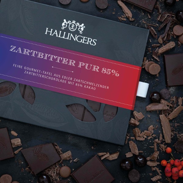 Zartbitter-Schokolade 85%, zart schmelzend hand-geschöpft (90g) - Pur 85% (Tafel-Karton)