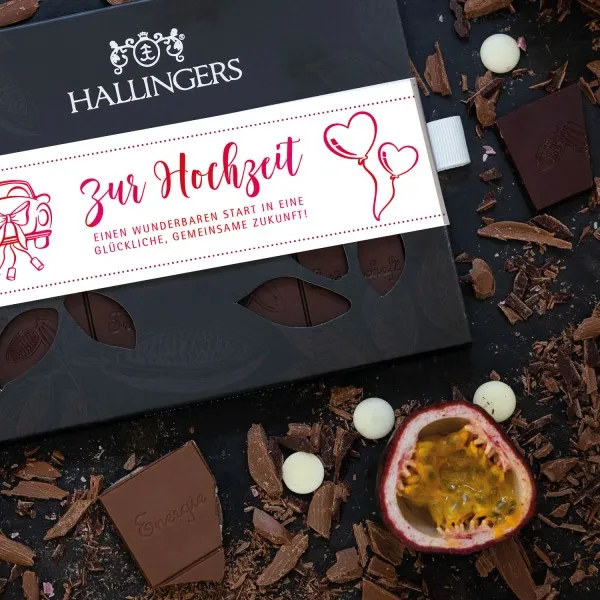 Zur Hochzeit (Tafel-Karton) - Vegane Schokolade Zartbitter-Edelkakao Himbeere & Maracuja - handmade (90g)
