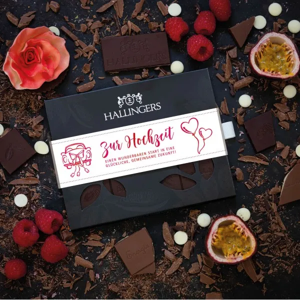 Zur Hochzeit (Tafel-Karton) - Vegane Schokolade Zartbitter-Edelkakao Himbeere & Maracuja - handmade (90g)