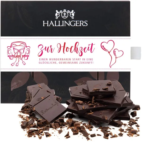 Zartbitter-Schokolade mit Himbeere & Maracuja hand-geschöpft (90g) - Zur Hochzeit (Tafel-Karton)