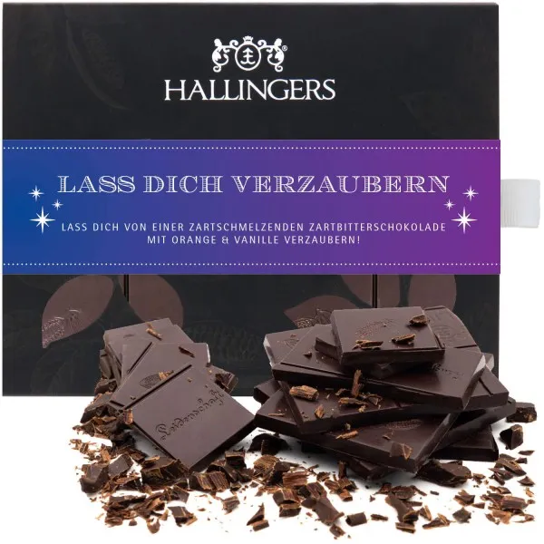 Lass Dich verzaubern (Tafel-Karton) - Vegane Schokolade Zartbitter-Edelkakao Vanille & Orange, handmade (90g)