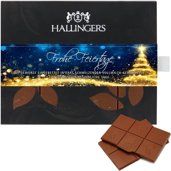 Frohe Feiertage (Tafel-Karton) - Vollmilch Edel-Schokolade mit Weihnachts-Gewürzen, handmade (90g)