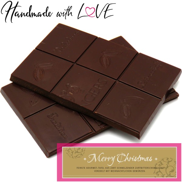 Zartbitter-Schokolade mit Gewürzen hand-geschöpft (90g) - Merry Christmas (Tafel-Karton)