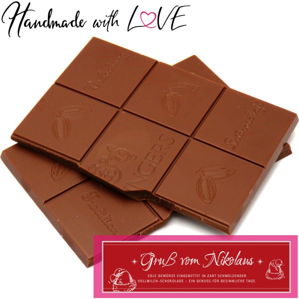 Vollmilch-Schokolade mit Lebkuchengewürzen hand-geschöpft (90g) - Gruß vom Nikolaus (Tafel-Karton)