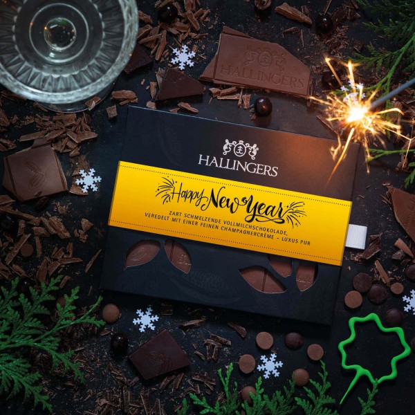 Vollmilch-Schokolade mit Marc de Champagne hand-geschöpft (90g) - Gutes neues Jahr (Tafel-Karton)