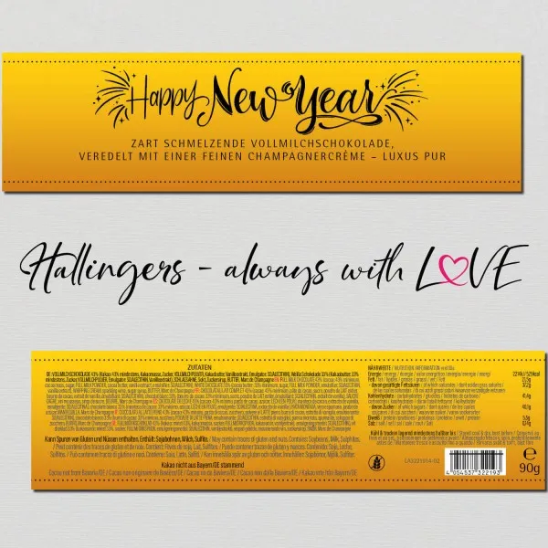 Happy New Year (Tafel-Karton) - Vollmilch Edel-Schokolade mit Marc de Champagne, handmade (90g)