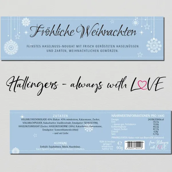 Fröhliche Weihnachten (Tafel-Karton) - Vollmilch Edel-Schokolade mit Haselnuss-Nougat, handmade (90g)