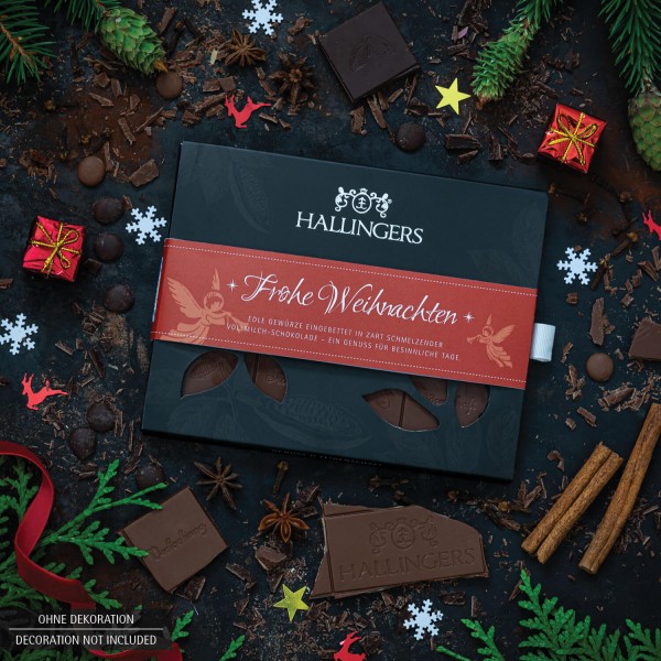 Vollmilch-Schokolade mit Lebkuchengewürzen hand-geschöpft (90g) - Frohe Weihnachten (Tafel-Karton)