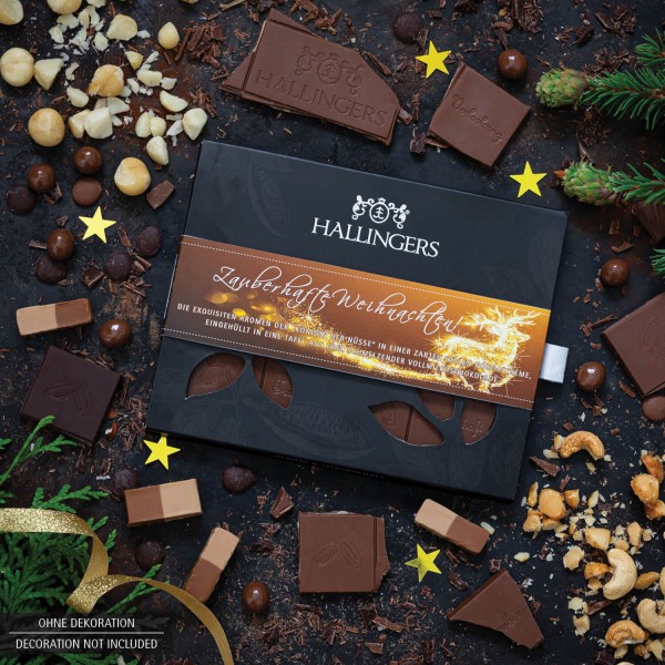 Vollmilch-Schokolade mit Macadamia-Nougat hand-geschöpft (90g) - Zauberhafte Weihnachten! (Tafel-Karton)