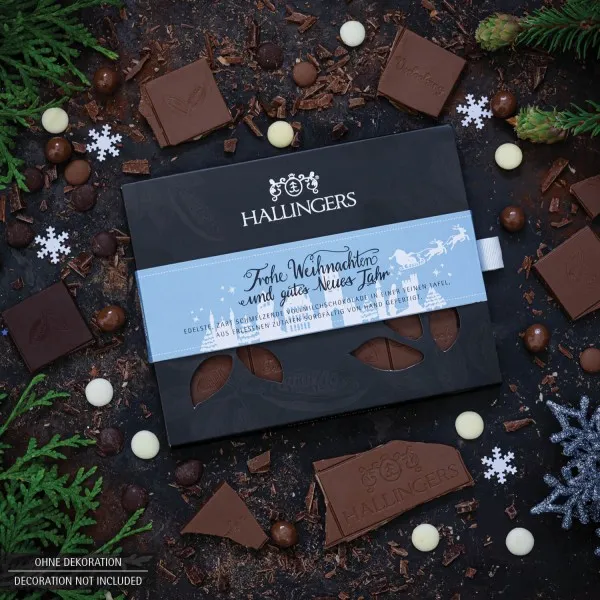 Frohe Weihnachten und ein gutes Neues Jahr (Tafel-Karton) - Vollmilch Edel-Schokolade zartschmelzend ganz pur, handmade (90g)