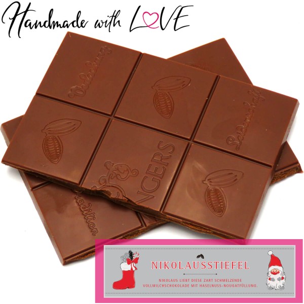 Vollmilch-Schokolade mit Haselnuss-Nougat hand-geschöpft (90g) - Nikolausstiefel (Tafel-Karton)