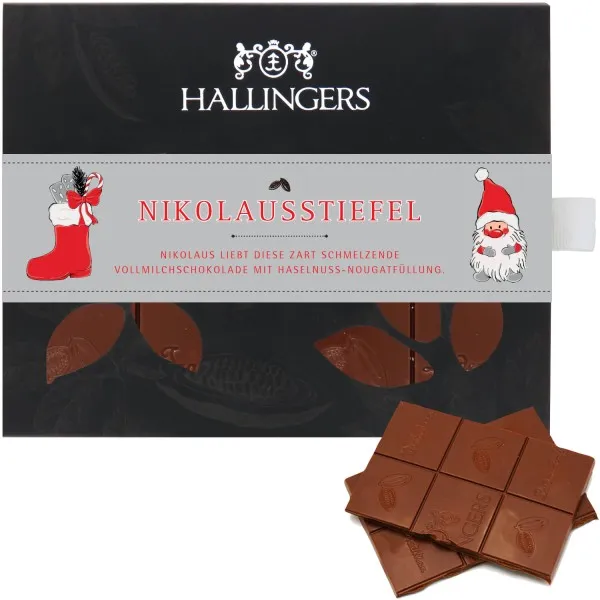 Nikolausstiefel (Tafel-Karton) - Vollmilch Edel-Schokolade mit Haselnuss-Nougat, handmade (90g)