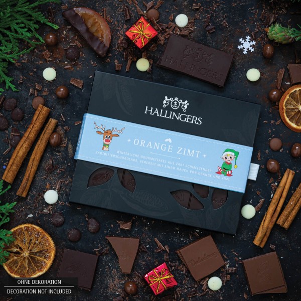 Zartbitter-Schokolade mit Gewürzen hand-geschöpft (90g) - Orange Zimt (Tafel-Karton)