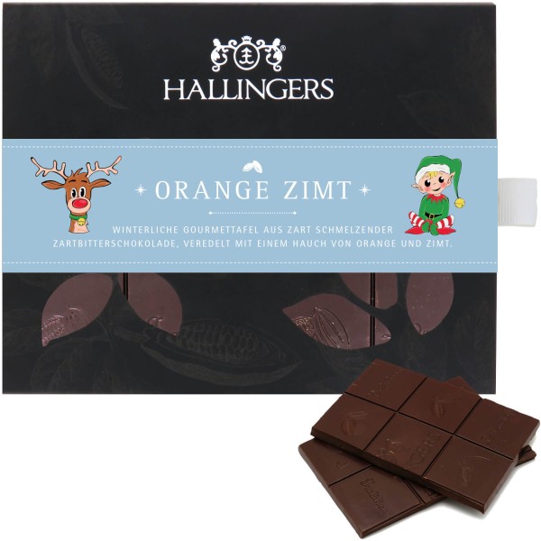 Zartbitter-Schokolade mit Gewürzen hand-geschöpft (90g) - Orange Zimt (Tafel-Karton)