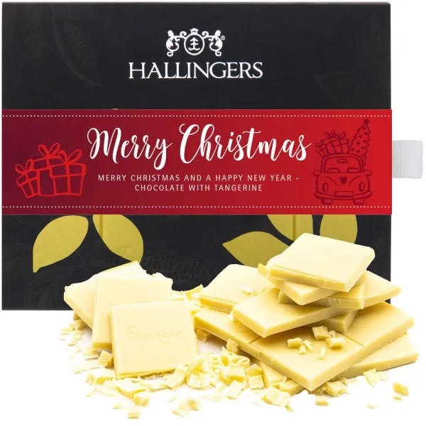 Merry Christmas (Tafel-Karton) - Weiße Edel-Schokolade mit Mandarine & Zimt, handmade (90g)