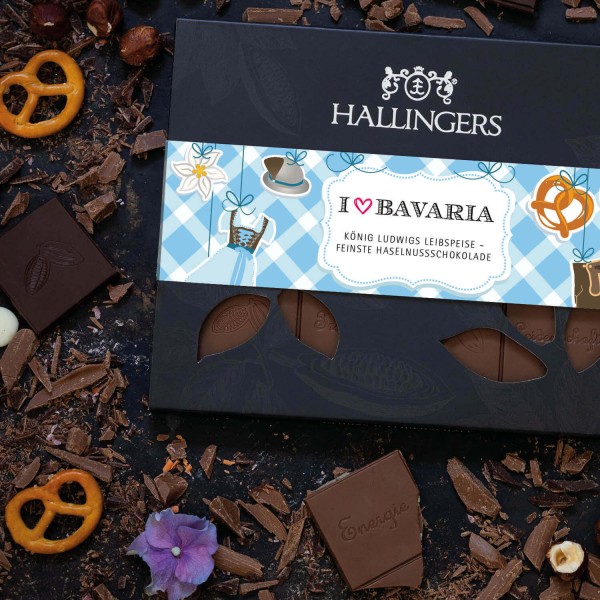 Vollmilch-Schokolade mit Haselnuss-Nougat hand-geschöpft (90g) - I love Bavaria (Tafel-Karton)