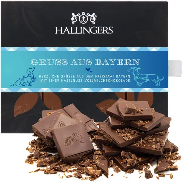 Gruß aus Bayern (Tafel-Karton) - Vollmilch Edel-Schokolade mit Haselnuss-Nougat, handmade (90g)