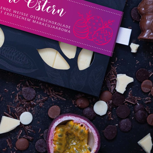 Weiße Schokolade mit Maracuja hand-geschöpft (90g) - Frohe Ostern (Tafel-Karton)