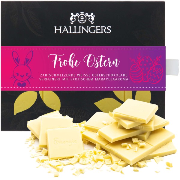 Weiße Schokolade mit Maracuja hand-geschöpft (90g) - Frohe Ostern (Tafel-Karton)