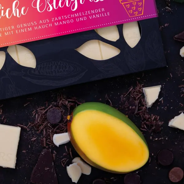 Fröhliche Ostergrüße (Tafel-Karton) - Ostergeschenke für Osterkörbchen zu Ostern, Weiße Edel Schokolade Mango-Vanille handmade (90g)