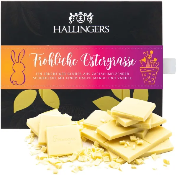 Fröhliche Ostergrüße (Tafel-Karton) - Ostergeschenke für Osterkörbchen zu Ostern, Weiße Edel Schokolade Mango-Vanille handmade (90g)