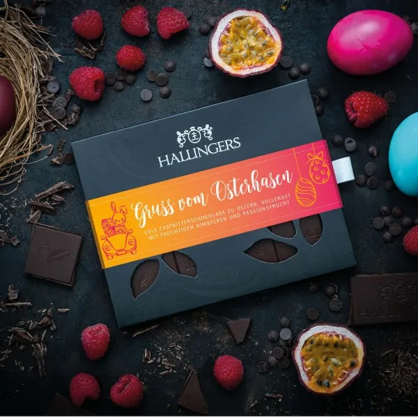 Gruß vom Osterhasen (Tafel-Karton) - Ostergeschenke für Osterkörbchen zu Ostern, Vegane Schokolade Zartbitter Himbeere & Maracuja (90g)