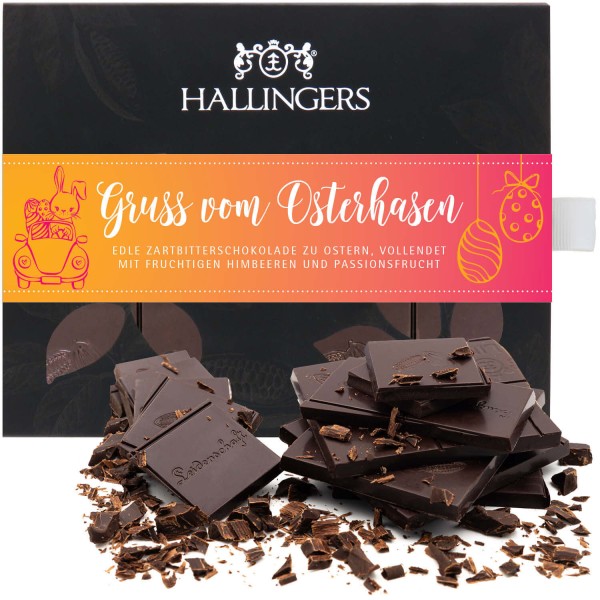Zartbitter-Schokolade mit Himbeere & Maracuja hand-geschöpft (90g) - Gruß vom Osterhasen (Tafel-Karton)