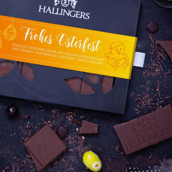 Vollmilch-Schokolade mit Eierlikör hand-geschöpft (90g) - Frohes Osterfest (Tafel-Karton)