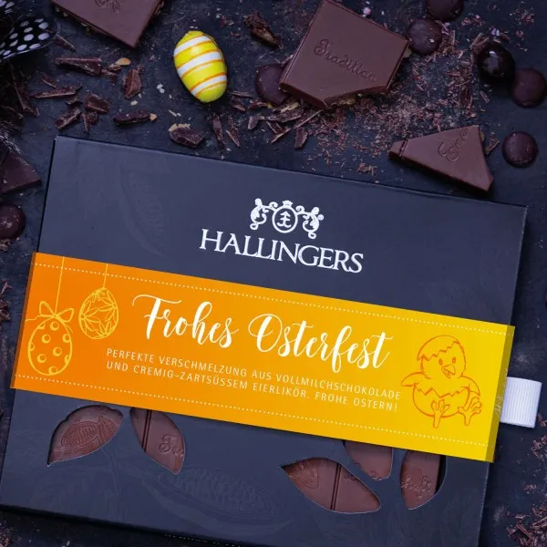 Frohes Osterfest (Tafel-Karton) - Ostergeschenke für Osterkörbchen zu Ostern, Vollmilch Edel Schokolade Eierlikör handmade (90g)