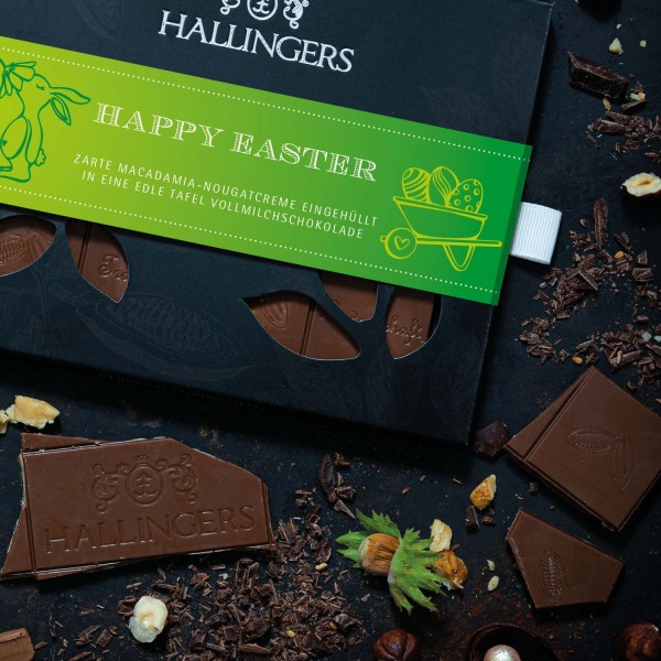 Vollmilch-Schokolade mit Macadamia-Nougat hand-geschöpft (90g) - Happy Easter (Tafel-Karton)