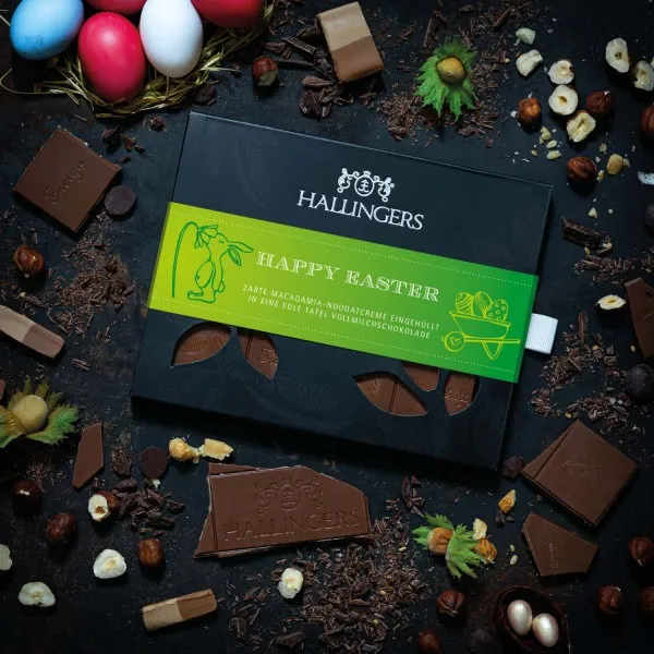Happy Easter (Tafel-Karton) - Ostergeschenke für Osterkörbchen zu Ostern, Vollmilch Edel Schokolade Macadamia-Nougat (90g)