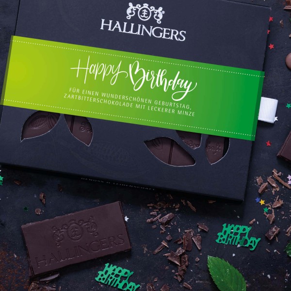 Zartbitter-Schokolade mit Minze hand-geschöpft (90g) - Happy Birthday Green (Tafel-Karton)