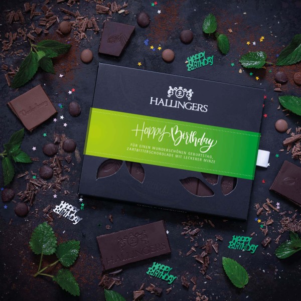 Zartbitter-Schokolade mit Minze hand-geschöpft (90g) - Happy Birthday Green (Tafel-Karton)