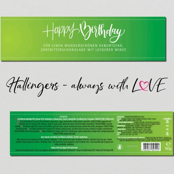 Happy Birthday Green (Tafel-Karton) - Vegane Schokolade Zartbitter-Edelkakao Minze, handmade (90g)