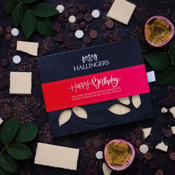 Happy Birthday Pink (Tafel-Karton) - Weiße Edel-Schokolade mit Mango & Vanille - handmade (90g)