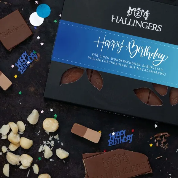 Happy Birthday Blue (Tafel-Karton) - Vollmilch Edel-Schokolade mit Macadamia-Nougat, handmade (90g)